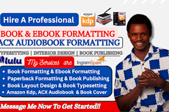 do acx audiobook formatting, kindle formatting, ebook cover and audiobook cover