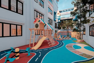 design kindergarten outdoor play area,3d school courtyard render, cgi playground
