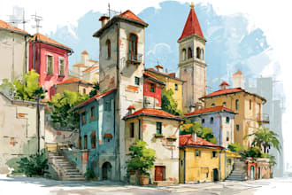 draw original watercolor landscape, architecture, city artwork