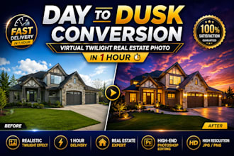 do stunning day to dusk conversion, virtual twilight real estate photo in 1 hour