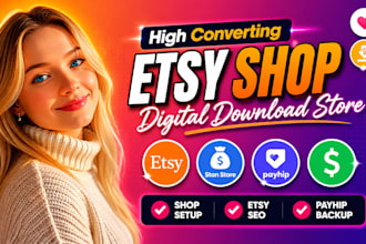 setup etsy digital product shop, etsy digital download shop, stan store, payhip
