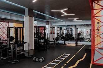 render 3d modern commercial gym interior, functional training,yoga studio design