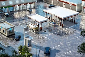 rebrand3d outdoor gas station,canopy design, parking space,mini mart,car service