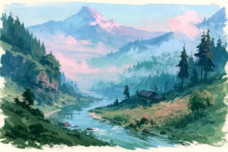paint a watercolor and gouache landscape illustration