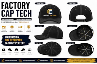 create factory ready cap tech pack,hat tech pack, trucker, sneaker, bucket hat