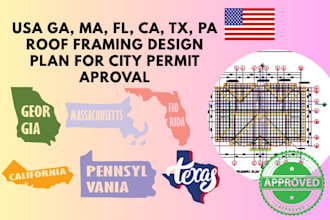 usa ga, ma, fl, ca, tx, pa roof framing design plan for city permit aproval