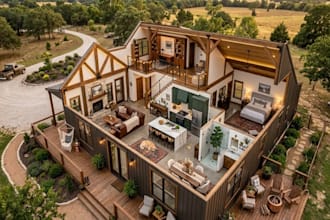 design modern barndominium, pole barn house interior and exterior 3d rendering