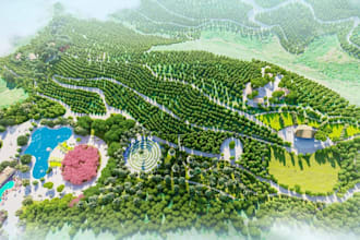 design 3d showcase park landscape, mountain public park, drone view master plan