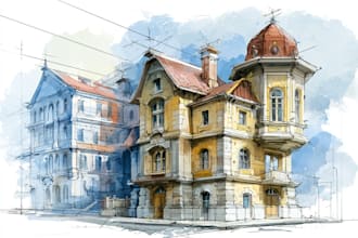 draw architectural sketches of buildings with watercolor