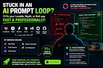 fix bugs or develop your vibe coded app in replit, lovable or bolt