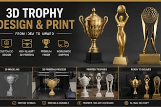 create 3d trophy, medal, award and badge models for rendering  and 3d printing