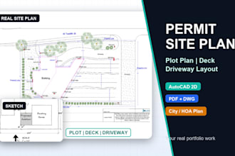 draw 2d permit site plan, plot plan, deck, driveway, property layout in autocad