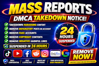 takedown delete remove mass reports for facebook instagram youtube tiktok