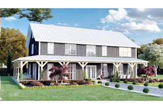 design tiny barndominium house, shouse and ranch house and facade rendering