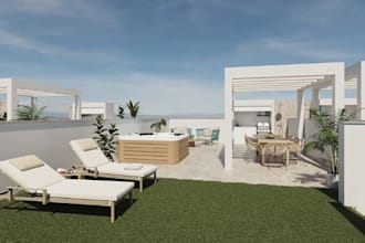 do 3d rooftop terrace, balcony, garden, backyard, landscape, 3d outdoor living