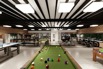 render 3d gym interior layout,indoor golf simulator design,padel court 3d visual