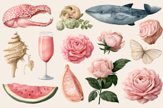 draw watercolor clipart, set of illustrations