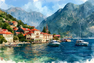 paint watercolor landscape with mountains, sea, yachts, houses