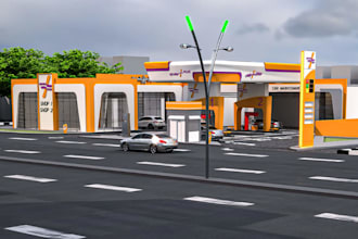 modern3d service station,retail shop,gas station,car maintenance bay,cafe design