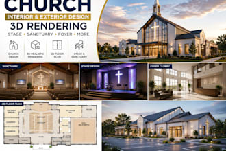 design church interior exterior, 3d rendering, exterior, stage and sanctuary
