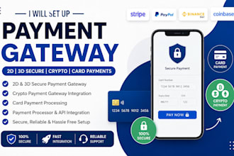 set up 2d, 3d payment gateway, crypto payment payment processor card payment