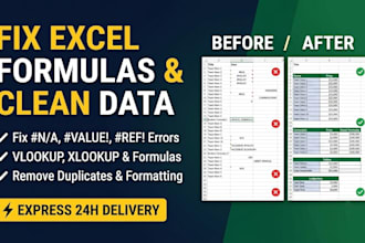 fix broken excel formulas, clean messy data, and organize spreadsheets