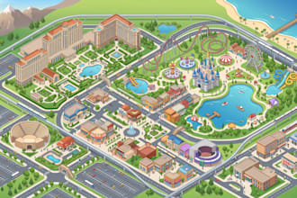 design a 3d isometric resort map, hotel map, illustrated location map, city map