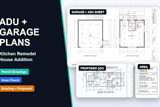 do adu garage conversion, kitchen remodel, house addition, permit redrawings