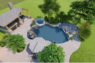design landscape, garden, backyard, swimming pool and 3d renderings