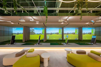 modernize 3d indoor golf simulator,interior layout,virtual golf design,clubhouse