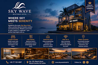 design modern luxury hotel flyers, brochures, posters and marketing material