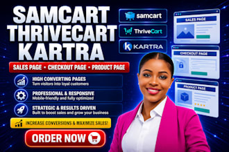 redesign samcart, thrivecart, kartra sales page, checkout page, product page