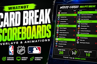 design custom whatnot card break scoreboards, overlays and animations