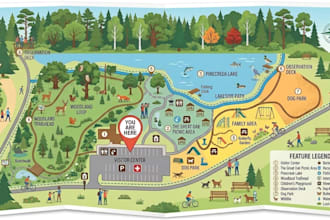 illustrated site plan, visitor map, wayfinding map and property map design