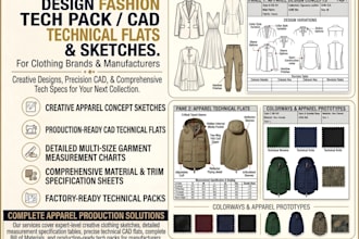 create a complete clothing tech pack bom pom cad flat sketch for manufacturer