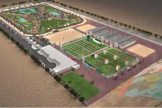 create 3d site map for sport complexes, festival layouts, theme park design, dwg