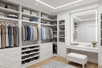 design walk in closet, wardrobe and dressing room with 3d render