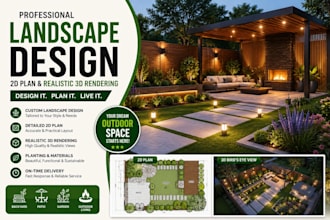 design backyard patio and garden with 2d plan and realistic 3d rendering