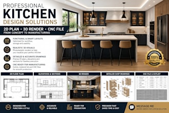 create kitchen 2d plan and 3d render and detailed cnc file for manufacturing