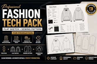 create fashion tech pack, technical flat sketch and sewing pattern for productio