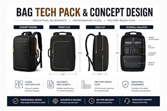 design bag concepts and detailed tech pack for backpacks, handbags, flat sketch
