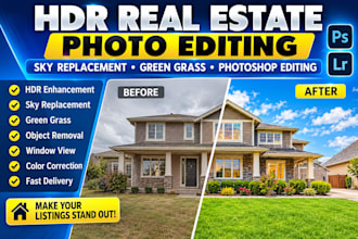 do hdr real estate photo editing, sky replacement, green grass photoshop editing