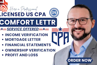 prepare and sign US CPA letter, financial statement  income verification letter