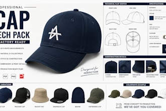 create a factory ready cap tech pack, for hats, trucker, snapback and beanie