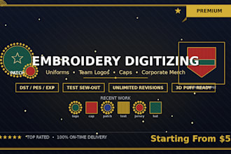 digitize embroidery designs for uniforms, teams, and logo