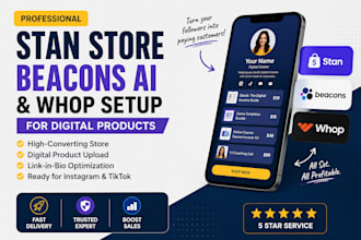setup stan store, beacons ai, and whop for digital products