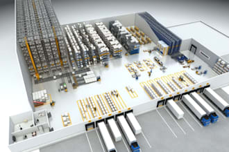 futuristic automated warehouse, factory layout, industrial design, 3d rendering