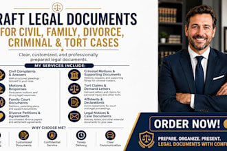 draft legal documents for civil, family, divorce, criminal, and tort cases