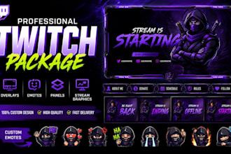 design a professional twitch package, overlay, emotes and stream graphics