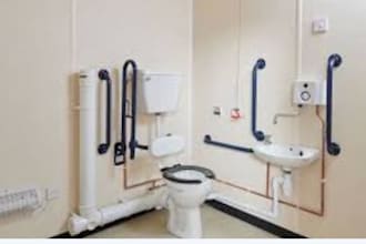 design a modern bathroom, toilet block, washroom facility in 3d